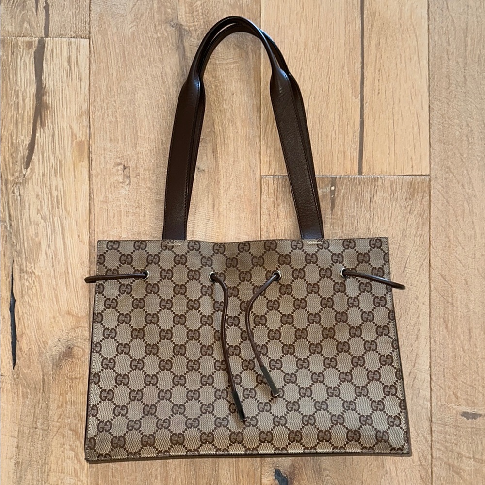 AUTHENTIC Gucci Brown Leather Trim Tote Bag